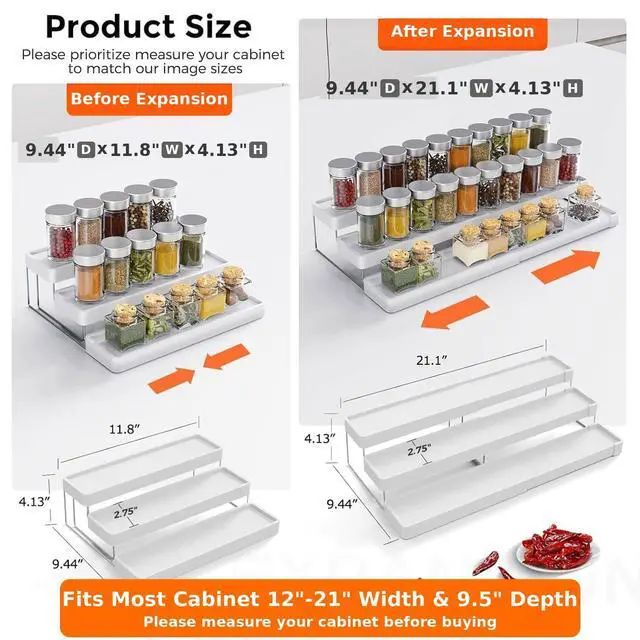 Alt view image 2 of 7 - INVOCOO Expandable Spice Rack Organizer for Cabinet - 3 Tier Adjustable Cabinet Spice Organizer Easy Visibility - Spice Organizer for Cabinet Countertop Cupboard Pantry Organization (White)
