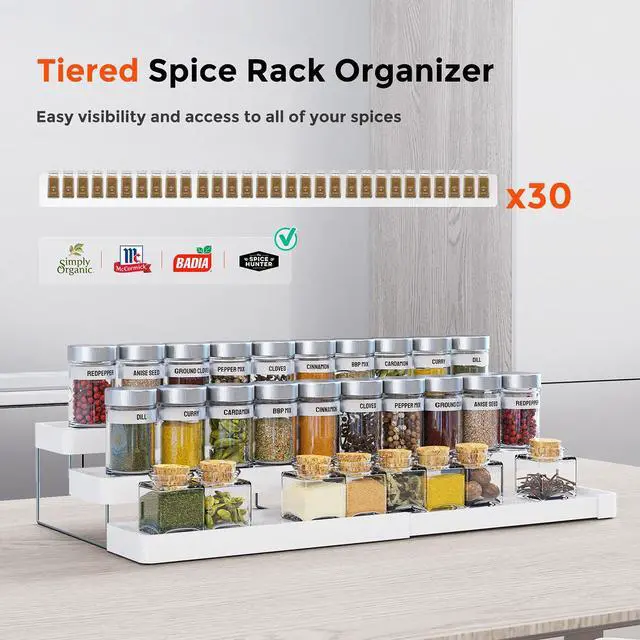 Alt view image 3 of 7 - INVOCOO Expandable Spice Rack Organizer for Cabinet - 3 Tier Adjustable Cabinet Spice Organizer Easy Visibility - Spice Organizer for Cabinet Countertop Cupboard Pantry Organization (White)