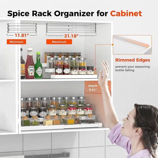 Alt view image 4 of 7 - INVOCOO Expandable Spice Rack Organizer for Cabinet - 3 Tier Adjustable Cabinet Spice Organizer Easy Visibility - Spice Organizer for Cabinet Countertop Cupboard Pantry Organization (White)