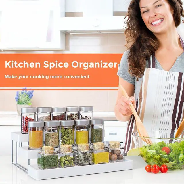 Alt view image 7 of 7 - INVOCOO Expandable Spice Rack Organizer for Cabinet - 3 Tier Adjustable Cabinet Spice Organizer Easy Visibility - Spice Organizer for Cabinet Countertop Cupboard Pantry Organization (White)