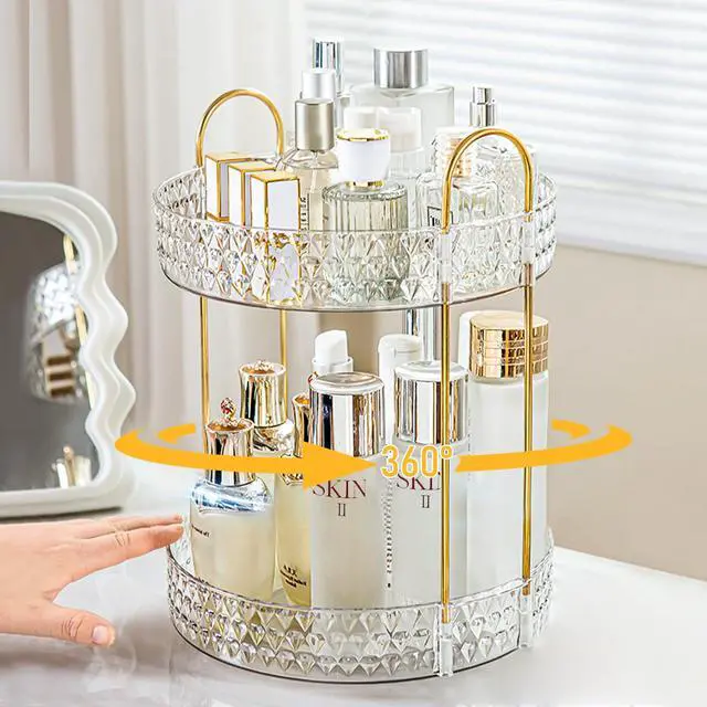 Alt view image 2 of 6 - Anyoifax Rotating Makeup Organizer for Vanity, 2 Tier Perfume Skincare Storage for Women, Bathroom Counter Organizer, 360° Spinning Cosmetic Holder for Dresser Countertop, Clear