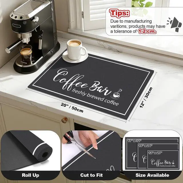 Alt view image 2 of 7 - Findosom 12"x 20" Dish Drying Mat, Super Absorbent & Cuttable Coffee Mat, Hide Stain Bar Mat for Kitchen Counter, Coffee Bar Accessories, Black