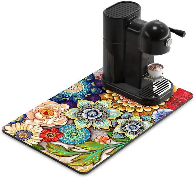 Main image of Rnivvi Coffee Mat, 12" x 19" Cute Flower Theme Coffee Bar Mats for Espresso Machine Station Accessories and Organizer, Hide Stain Rubber Backed Absorbent Dish Drying Pad for Kitchen Counter, Mandala