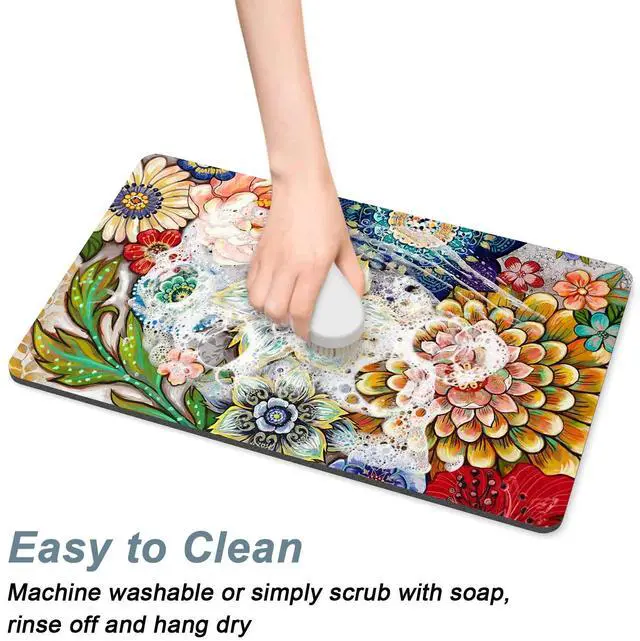 Alt view image 5 of 7 - Rnivvi Coffee Mat, 12" x 19" Cute Flower Theme Coffee Bar Mats for Espresso Machine Station Accessories and Organizer, Hide Stain Rubber Backed Absorbent Dish Drying Pad for Kitchen Counter, Mandala