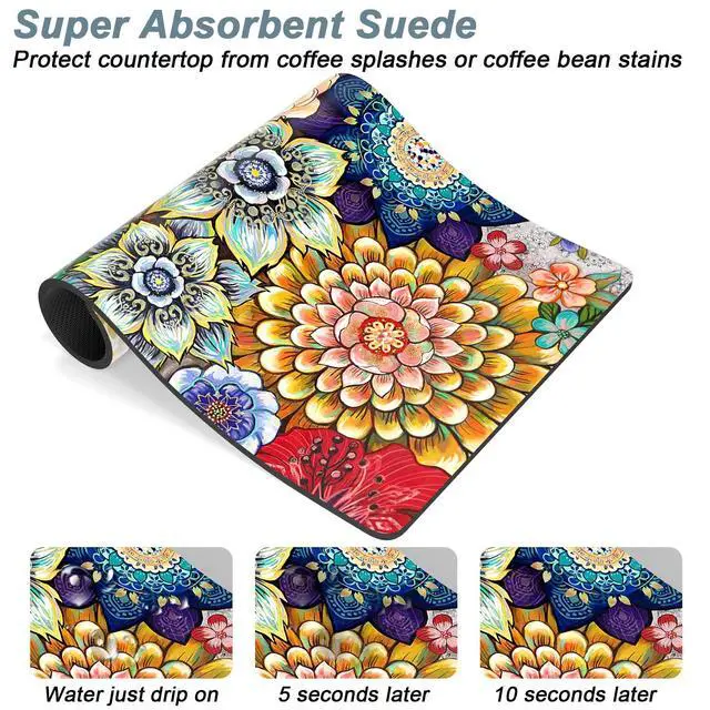 Alt view image 3 of 7 - Rnivvi Coffee Mat, 12" x 19" Cute Flower Theme Coffee Bar Mats for Espresso Machine Station Accessories and Organizer, Hide Stain Rubber Backed Absorbent Dish Drying Pad for Kitchen Counter, Mandala