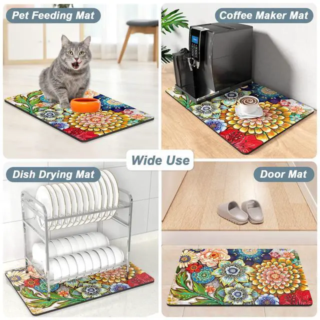 Alt view image 7 of 7 - Rnivvi Coffee Mat, 12" x 19" Cute Flower Theme Coffee Bar Mats for Espresso Machine Station Accessories and Organizer, Hide Stain Rubber Backed Absorbent Dish Drying Pad for Kitchen Counter, Mandala