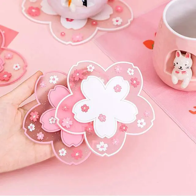 Alt view image 5 of 6 - Sakura Coffee Cup Mat Kawaii Coaster 2PCS Cute Cherry Blossom PVC Home Tea Mug Pink Flower Pattern Anti-Skid Pot Bowl Pad Placemat for Desk Drink Table Decor Kawaii Accessories (Small)