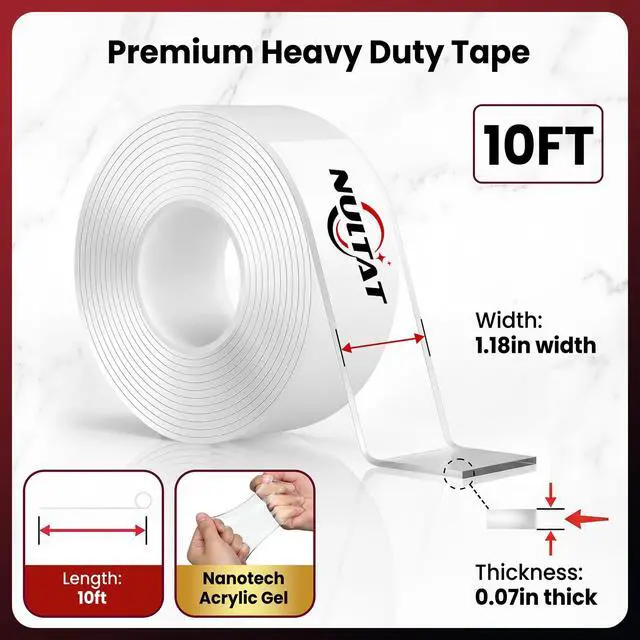 Alt view image 3 of 7 - NULTAT Double Sided Tape Heavy Duty, Nano Reusable, Removable, Washable Double Stick Tape for Wall, Multipurpose Clear Adhesive High Temperature Tape 1.18" x 120"(10 Feet)