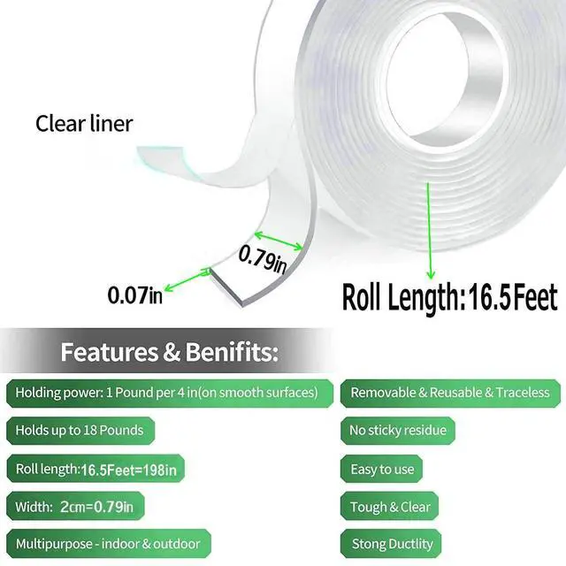 Alt view image 2 of 6 - Jwxstore Extra Large Double Sided Tape Heavy Duty Removable 0.79 Inch x 196 Inch, Clear & Tough Nano Tape, Multipurpose Mounting Tape Picture Hanging Strips Adhesive for Carpet Poster