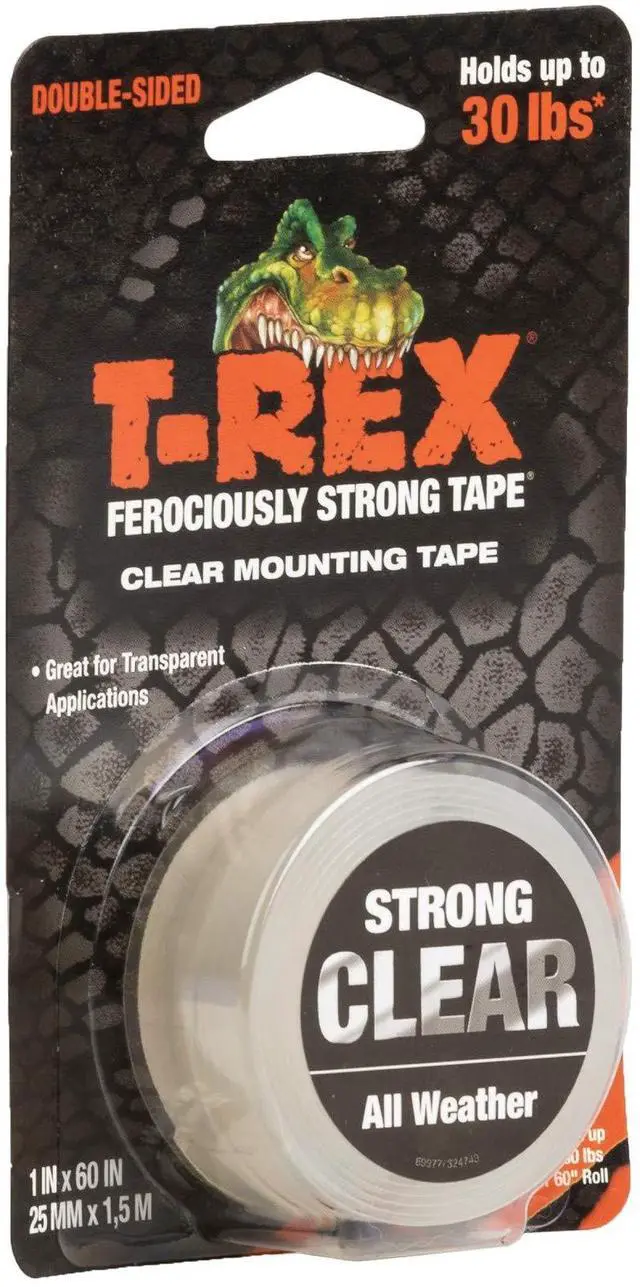 Main image of T-Rex Strong Hold Clear Double Sided Mounting Tape, Heavy Duty, All Weather Indoor and Outdoor Use, Clear, 1 in x 60 in, 1 Roll (285338)