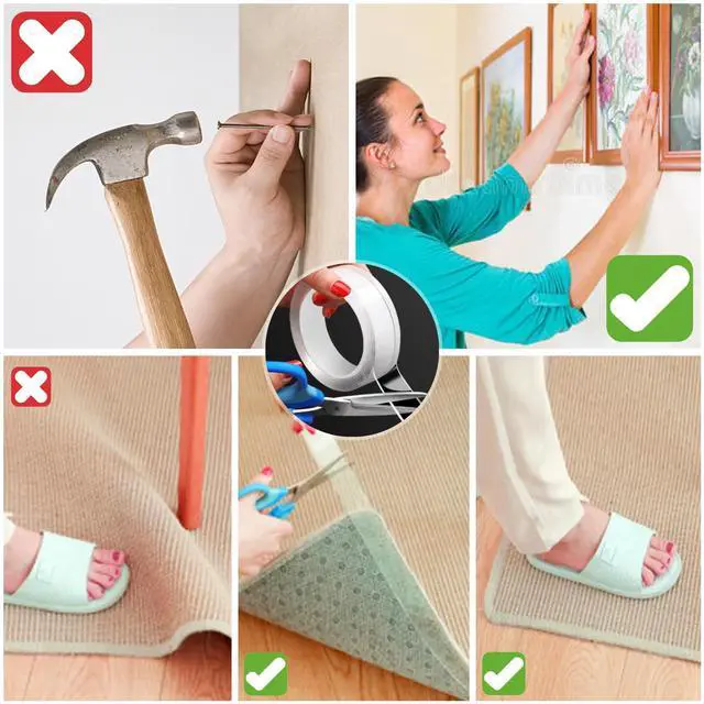 Alt view image 3 of 7 - Wkevnu Double Sided Tape Heavy Duty,Removable Clear Nano Mounting Tape,Picture Hanging Adhesive Strips,Tough & Clear Weatherproof for Indoor/Outdoor Use,Perfect for Picture Hanging & Carpet-10FT
