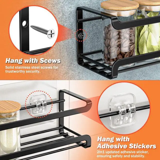 Alt view image 3 of 7 - Bunoxea Spice Rack Wall Mounted 4 Pack, Black,For Spice Jars & Seasonings