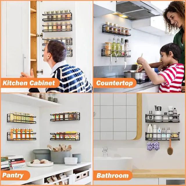 Alt view image 6 of 7 - Bunoxea Spice Rack Wall Mounted 4 Pack, Black,For Spice Jars & Seasonings
