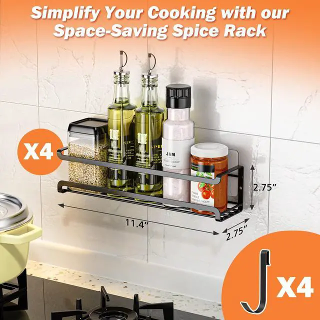 Alt view image 7 of 7 - Bunoxea Spice Rack Wall Mounted 4 Pack, Black,For Spice Jars & Seasonings