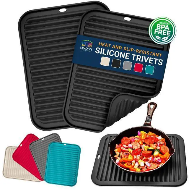Main image of Silicone Trivets for Hot Dishes, Pots, Pans (2 Pack) - Heat-Resistant Pot Holders for Kitchen Countertop Mats - Silicone Trivet Mat (9 x 12 Inch) - Multipurpose Counter Pads (Black)
