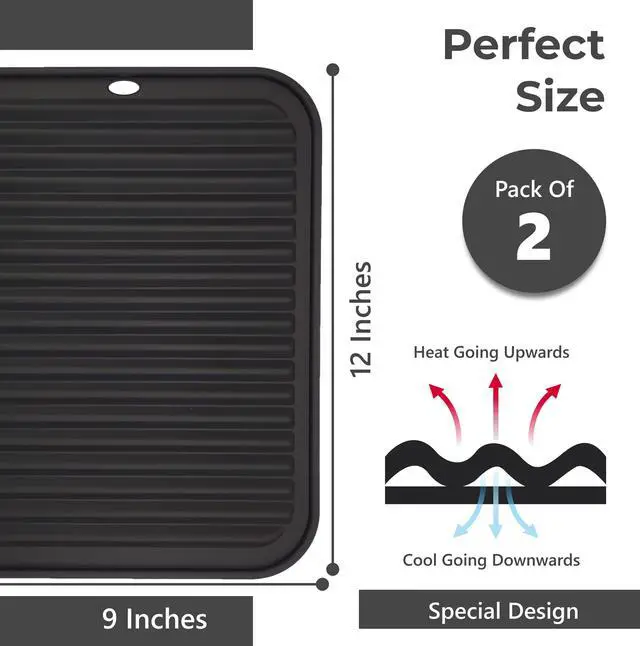 Alt view image 6 of 6 - Silicone Trivets for Hot Dishes, Pots, Pans (2 Pack) - Heat-Resistant Pot Holders for Kitchen Countertop Mats - Silicone Trivet Mat (9 x 12 Inch) - Multipurpose Counter Pads (Black)