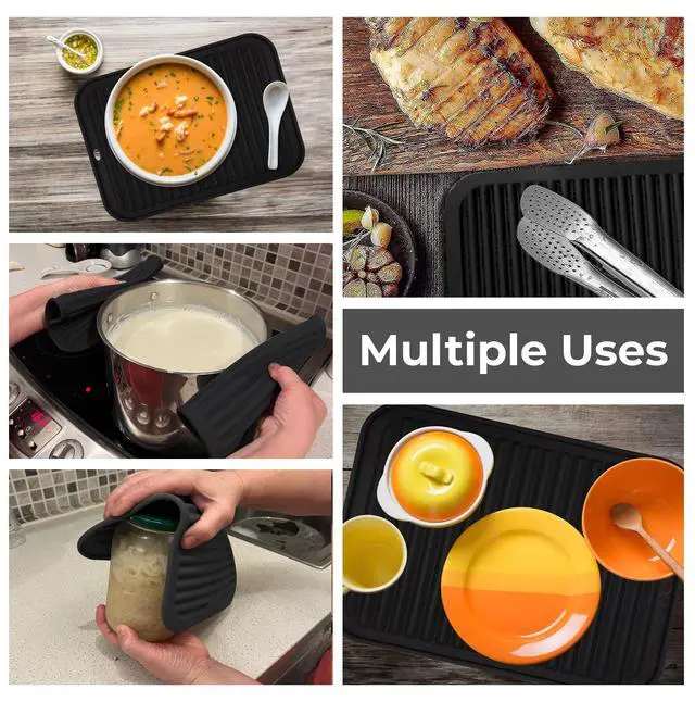 Alt view image 4 of 6 - Silicone Trivets for Hot Dishes, Pots, Pans (2 Pack) - Heat-Resistant Pot Holders for Kitchen Countertop Mats - Silicone Trivet Mat (9 x 12 Inch) - Multipurpose Counter Pads (Black)
