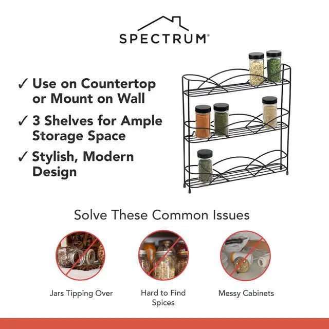 Alt view image 3 of 6 - Spectrum 3 Tier Spice Rack Organizer Black Countertop Wire Shelf Spice Rack for Modern Kitchen Pantry Cabinet, Organize Spices with Three Tier Spice Shelf for Kitchen Storage with Wall Mount Option