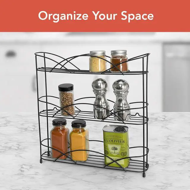 Alt view image 2 of 6 - Spectrum 3 Tier Spice Rack Organizer Black Countertop Wire Shelf Spice Rack for Modern Kitchen Pantry Cabinet, Organize Spices with Three Tier Spice Shelf for Kitchen Storage with Wall Mount Option