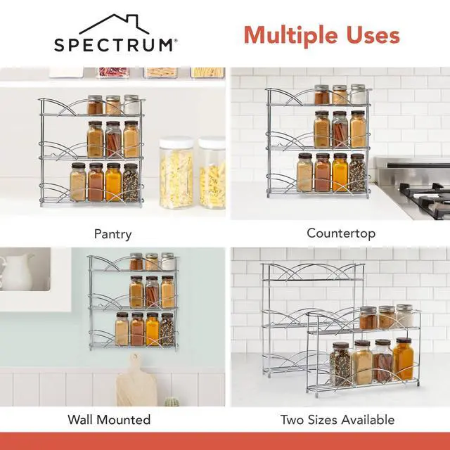Alt view image 5 of 6 - Spectrum 3 Tier Spice Rack Organizer Black Countertop Wire Shelf Spice Rack for Modern Kitchen Pantry Cabinet, Organize Spices with Three Tier Spice Shelf for Kitchen Storage with Wall Mount Option