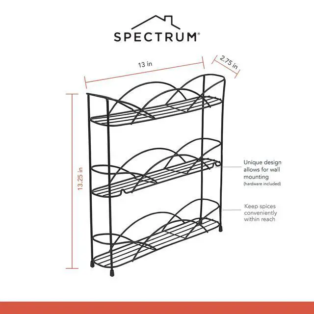 Alt view image 6 of 6 - Spectrum 3 Tier Spice Rack Organizer Black Countertop Wire Shelf Spice Rack for Modern Kitchen Pantry Cabinet, Organize Spices with Three Tier Spice Shelf for Kitchen Storage with Wall Mount Option