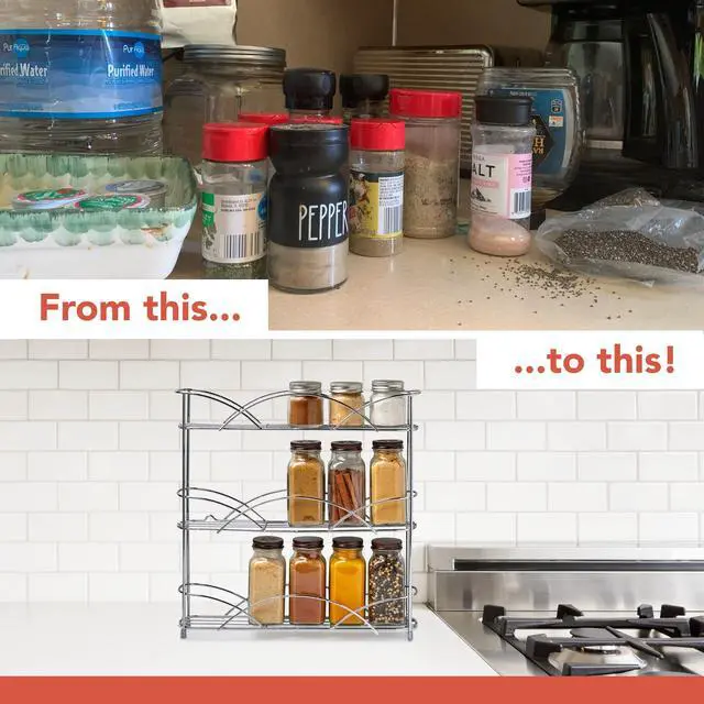 Alt view image 4 of 6 - Spectrum 3 Tier Spice Rack Organizer Black Countertop Wire Shelf Spice Rack for Modern Kitchen Pantry Cabinet, Organize Spices with Three Tier Spice Shelf for Kitchen Storage with Wall Mount Option