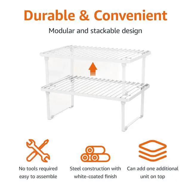 Alt view image 3 of 5 - Amazon Basics Space-Saving Stackable Metal Kitchen Cabinet Organizer Shelves for Dishes, Pantry Organization, 12.5" L x 8" D x 4.5" H, Set of 2, White