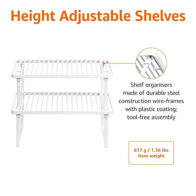 Alt view image 4 of 5 - Amazon Basics Space-Saving Stackable Metal Kitchen Cabinet Organizer Shelves for Dishes, Pantry Organization, 12.5" L x 8" D x 4.5" H, Set of 2, White