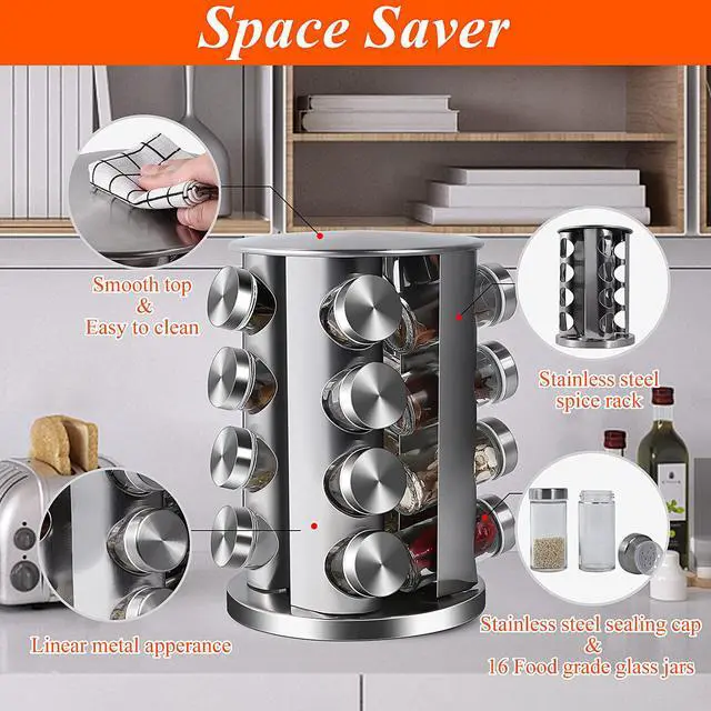 Alt view image 2 of 7 - DOUBLE 2 C Revolving Countertop Spice Rack Stainless Steel Seasoning Storage Organization,Spice Carousel Tower for Kitchen Set of 16 Jars (16Jars)