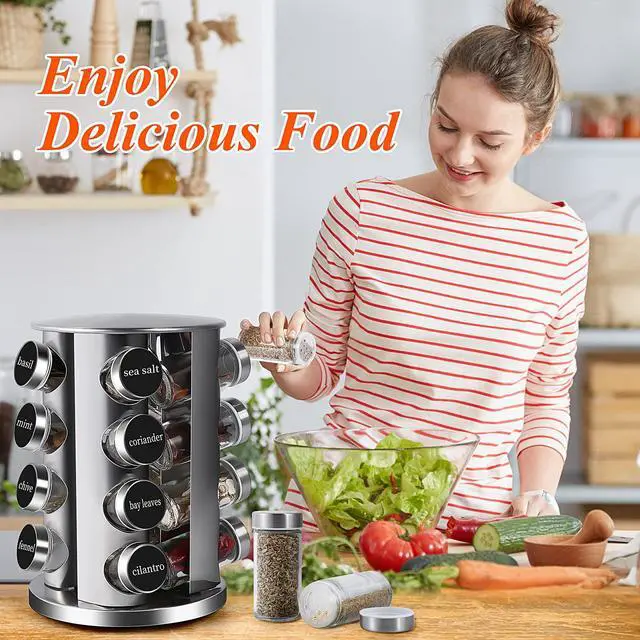 Alt view image 7 of 7 - DOUBLE 2 C Revolving Countertop Spice Rack Stainless Steel Seasoning Storage Organization,Spice Carousel Tower for Kitchen Set of 16 Jars (16Jars)