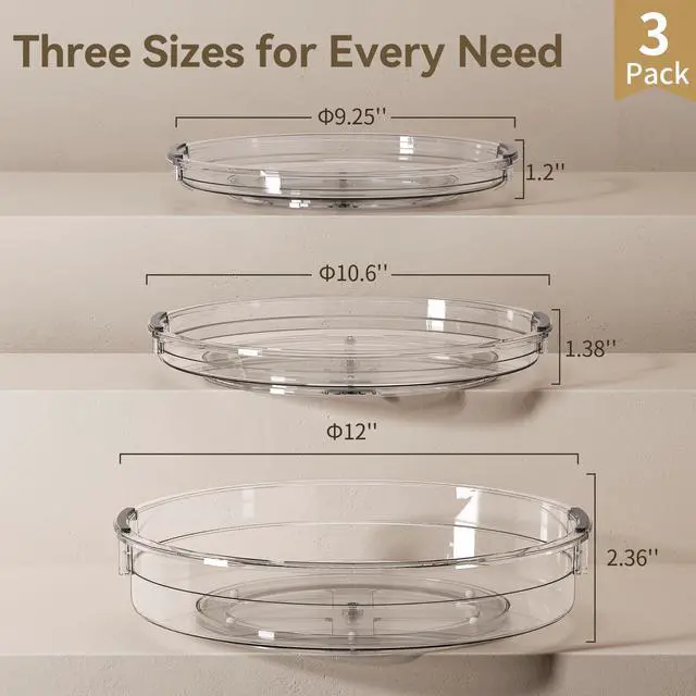 Alt view image 6 of 7 - LAMU 3 Pack Lazy Susan Organizer Turntable for Cabinet, Pantry Organizers and Storage, Rotating Condiment Organizer for Kitchen, Table Top, Fridge, Countertop, Spice Organization, 9.25'' 10.6'' 12''