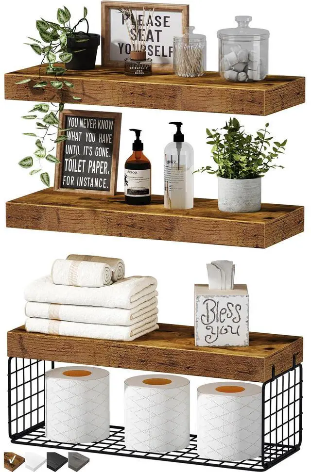Main image of QEEIG Bathroom Shelves Over Toilet - Wall Mounted Floating Shelves Toilet Paper Storage Small Farmhouse Decor Shelf 16 inch Set of 3, Rustic Brown (019-BN3)
