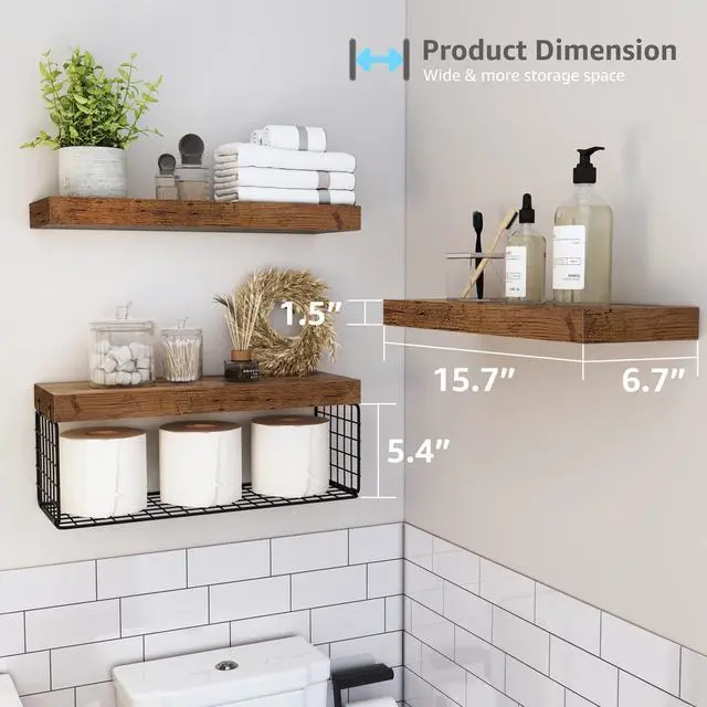 Alt view image 3 of 7 - QEEIG Bathroom Shelves Over Toilet - Wall Mounted Floating Shelves Toilet Paper Storage Small Farmhouse Decor Shelf 16 inch Set of 3, Rustic Brown (019-BN3)