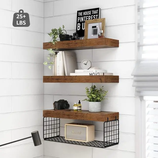 Alt view image 4 of 7 - QEEIG Bathroom Shelves Over Toilet - Wall Mounted Floating Shelves Toilet Paper Storage Small Farmhouse Decor Shelf 16 inch Set of 3, Rustic Brown (019-BN3)