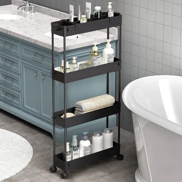Main image of SPACELEAD Slim Storage Cart 4 Tier,Bathroom Organizer Rolling Utility,Mobile Shelving Unit Slide Out for Office, Kitchen, Laundry Room & Narrow Places,Black