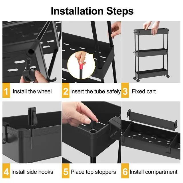 Alt view image 5 of 7 - SPACELEAD Slim Storage Cart 4 Tier,Bathroom Organizer Rolling Utility,Mobile Shelving Unit Slide Out for Office, Kitchen, Laundry Room & Narrow Places,Black