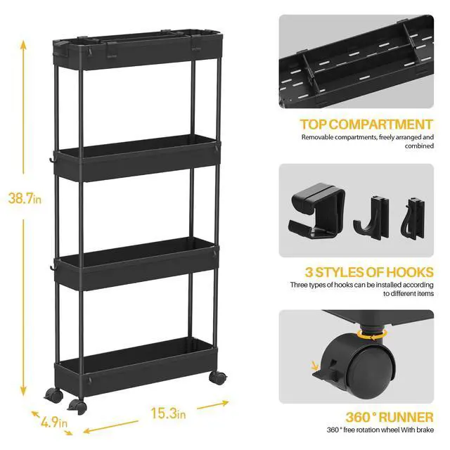 Alt view image 4 of 7 - SPACELEAD Slim Storage Cart 4 Tier,Bathroom Organizer Rolling Utility,Mobile Shelving Unit Slide Out for Office, Kitchen, Laundry Room & Narrow Places,Black