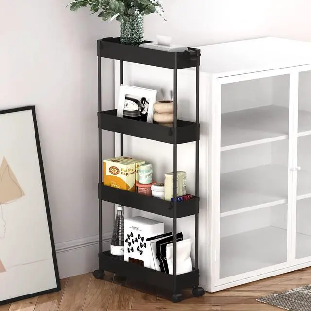 Alt view image 6 of 7 - SPACELEAD Slim Storage Cart 4 Tier,Bathroom Organizer Rolling Utility,Mobile Shelving Unit Slide Out for Office, Kitchen, Laundry Room & Narrow Places,Black