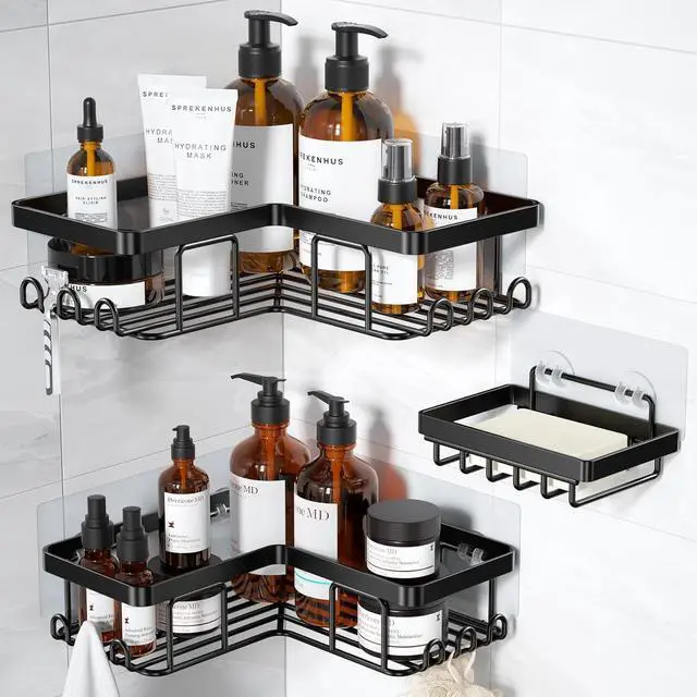 Main image of YASONIC Corner Adhesive Shower Caddy, with Soap Holder and 12 Hooks, Rustproof Stainless Steel Bathroom Organizer, No Drilling Wall Mounted Rack, Black, 3-Pack