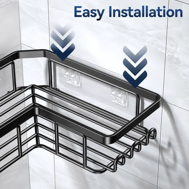 Alt view image 5 of 7 - YASONIC Corner Adhesive Shower Caddy, with Soap Holder and 12 Hooks, Rustproof Stainless Steel Bathroom Organizer, No Drilling Wall Mounted Rack, Black, 3-Pack