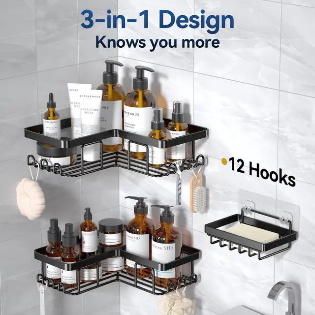 Alt view image 6 of 7 - YASONIC Corner Adhesive Shower Caddy, with Soap Holder and 12 Hooks, Rustproof Stainless Steel Bathroom Organizer, No Drilling Wall Mounted Rack, Black, 3-Pack
