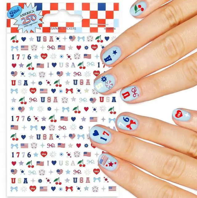 Main image of xo, Fetti America 250 Nail Stickers - 948 Stickers, 4 Sheet Pack | USA Nails, Patriotic, 4th of July, Red White Blue, America, Stars, Cherries, 1776, Hearts, Fireworks