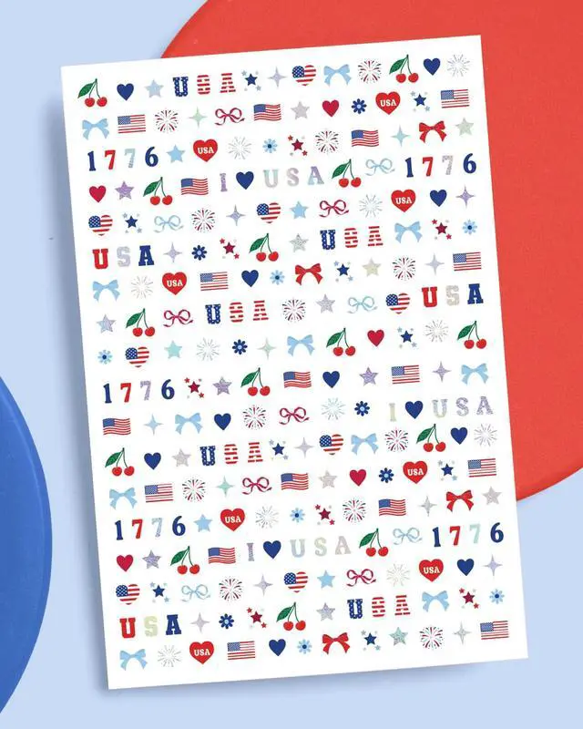 Alt view image 3 of 7 - xo, Fetti America 250 Nail Stickers - 948 Stickers, 4 Sheet Pack | USA Nails, Patriotic, 4th of July, Red White Blue, America, Stars, Cherries, 1776, Hearts, Fireworks