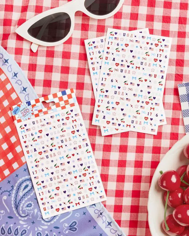 Alt view image 2 of 7 - xo, Fetti America 250 Nail Stickers - 948 Stickers, 4 Sheet Pack | USA Nails, Patriotic, 4th of July, Red White Blue, America, Stars, Cherries, 1776, Hearts, Fireworks