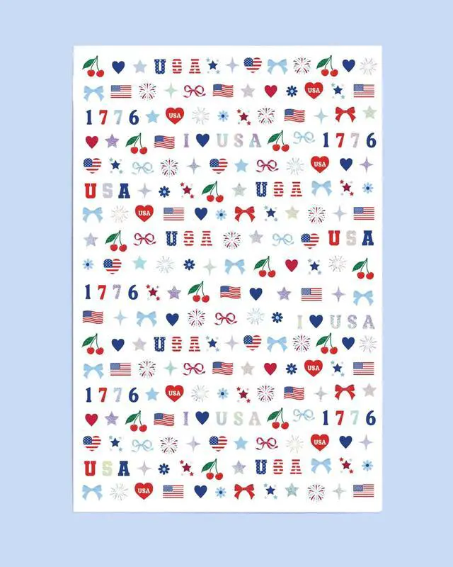Alt view image 5 of 7 - xo, Fetti America 250 Nail Stickers - 948 Stickers, 4 Sheet Pack | USA Nails, Patriotic, 4th of July, Red White Blue, America, Stars, Cherries, 1776, Hearts, Fireworks