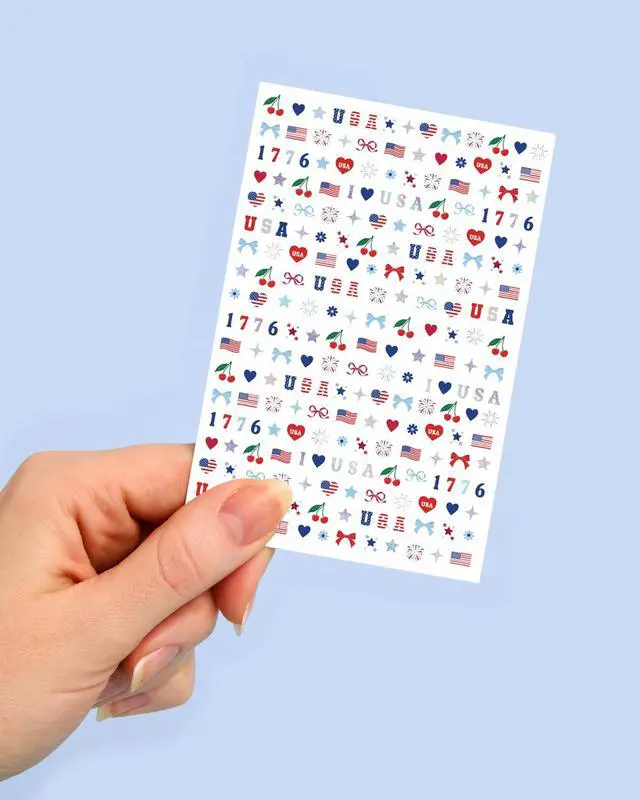 Alt view image 7 of 7 - xo, Fetti America 250 Nail Stickers - 948 Stickers, 4 Sheet Pack | USA Nails, Patriotic, 4th of July, Red White Blue, America, Stars, Cherries, 1776, Hearts, Fireworks