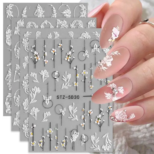 Alt view image 2 of 7 - 5D Spring Embossed Flower Nail Art Stickers 4 Sheets JMEOWIO Real Self-Adhesive Decals Floral Design Nail Decoration for Women Girls