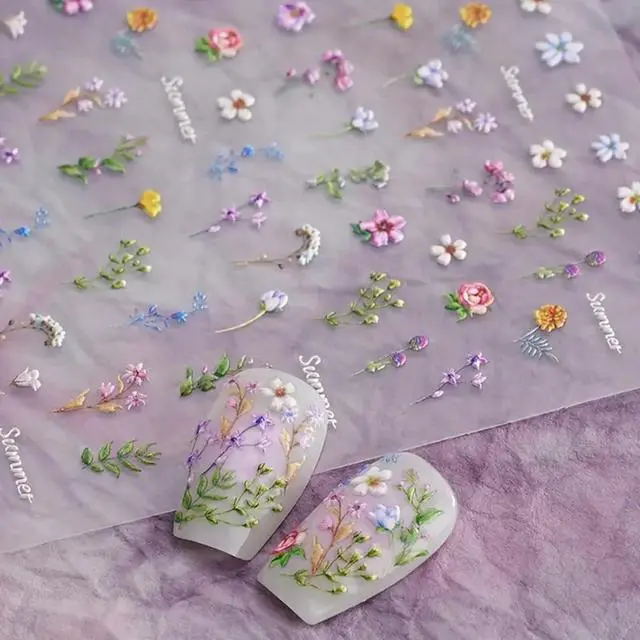 Main image of Flower Nail Stickers for Nail Art - Flowers Nail Art Stickers Summer Floral Leaf Plant 5D Embossed Nail Decals Self-Adhesive Nails Supply Manicure Sliders Flower Stickers for Nails Decoration