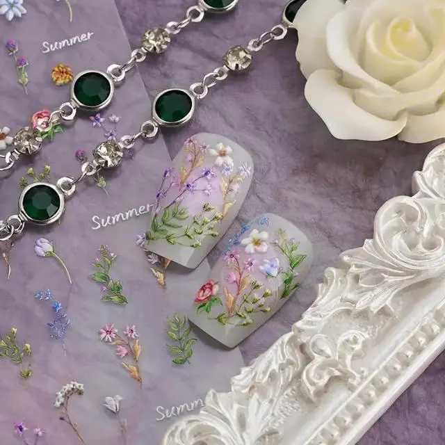 Alt view image 2 of 7 - Flower Nail Stickers for Nail Art - Flowers Nail Art Stickers Summer Floral Leaf Plant 5D Embossed Nail Decals Self-Adhesive Nails Supply Manicure Sliders Flower Stickers for Nails Decoration