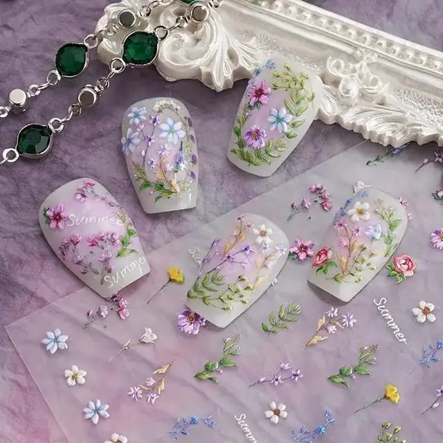 Alt view image 4 of 7 - Flower Nail Stickers for Nail Art - Flowers Nail Art Stickers Summer Floral Leaf Plant 5D Embossed Nail Decals Self-Adhesive Nails Supply Manicure Sliders Flower Stickers for Nails Decoration